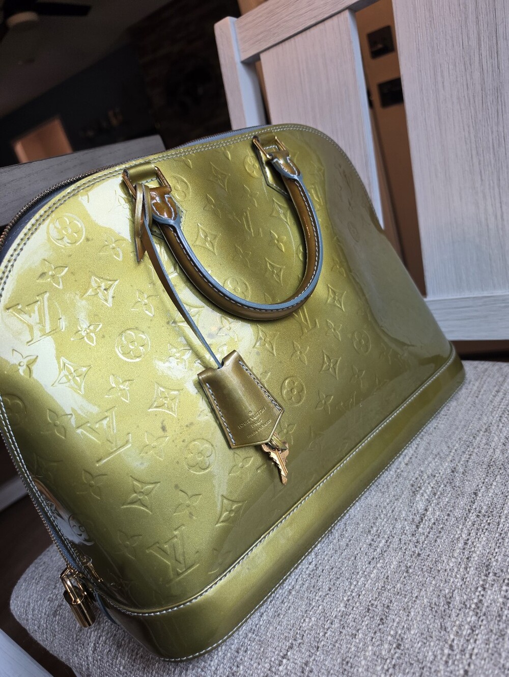 Louis Vuitton Olive Green Alma Vernis Satchel with Gold Hardware